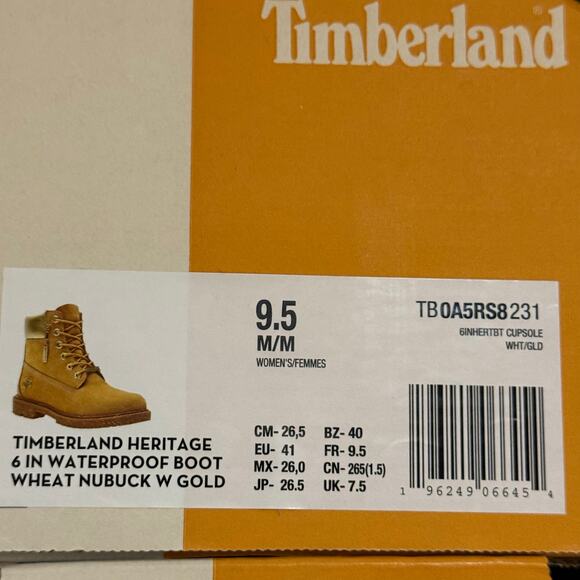 TIMBERLAND Women's 9.5 Heritage 6 IN Boot Premium Wheat Nubuck Waterproof Gold - Picture 6 of 6